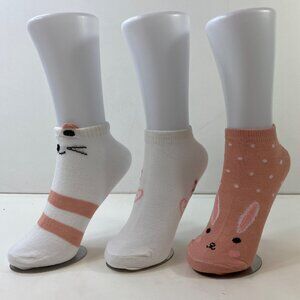 Womens Ankle Socks Set 3 Bunny Cat Print Stripes Polka Dots Pink White Black